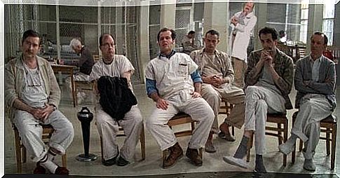 group of patients in flight over cuckoo's nest