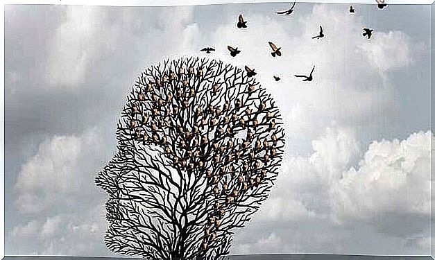 tree in the shape of a head and birds flying away representing the memory of people with Alzheimer's