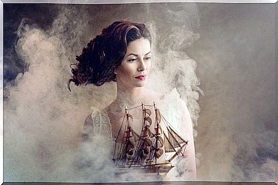 woman in smoke with a boat